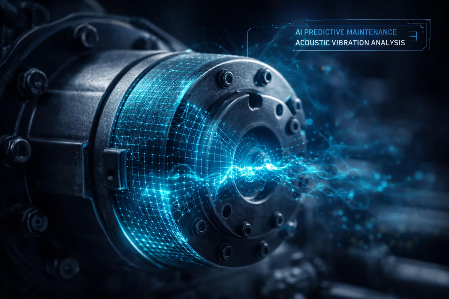 Close-up of industrial motor being monitored for predictive maintenance by acoustic sensors