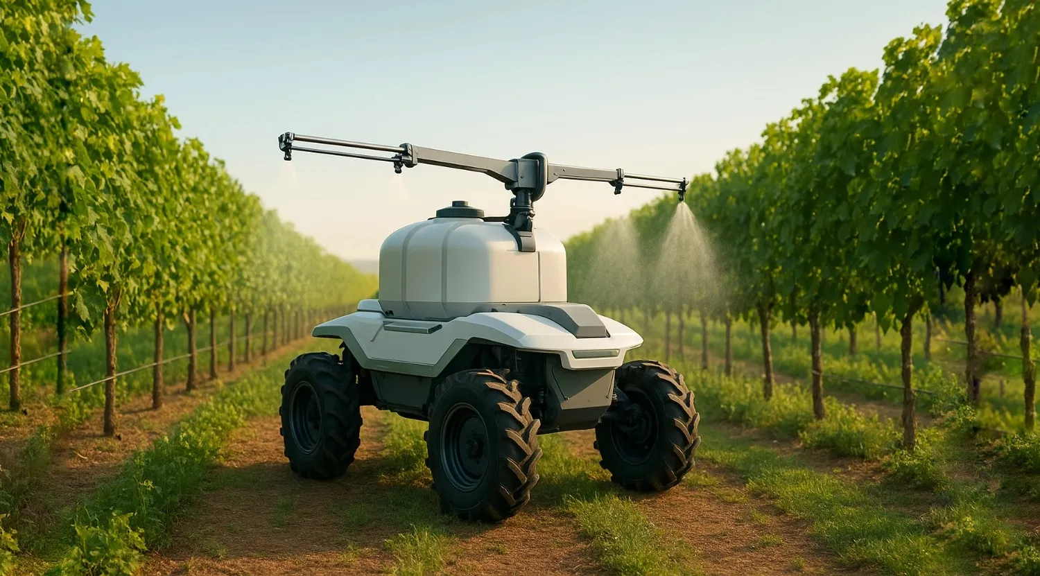 AgriRover robot performing precision micro-dose crop spraying in an open field