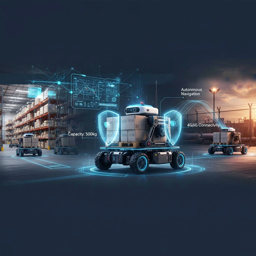 Carrier logistics robot navigating outdoor factory campus asphalt