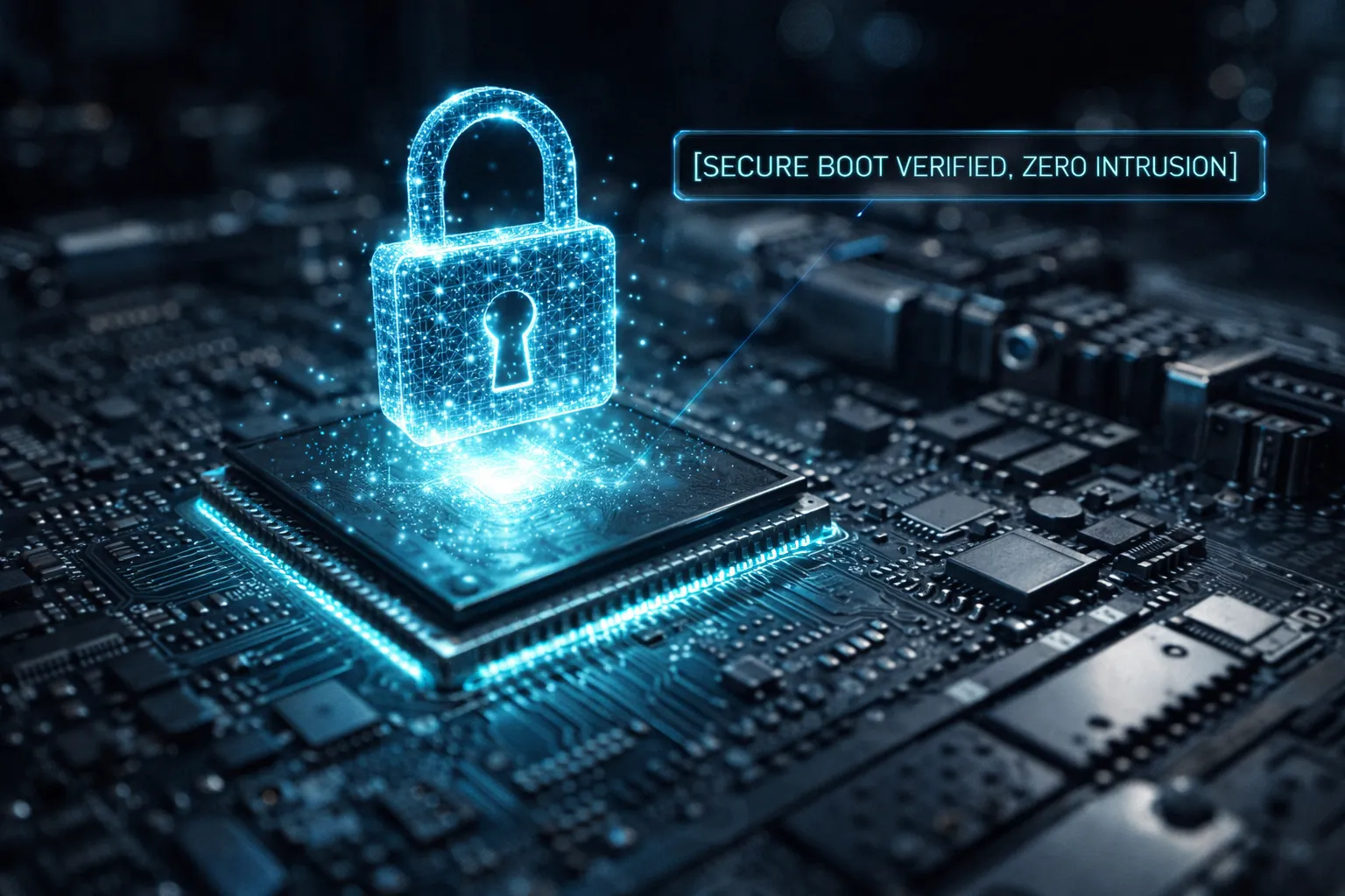 Visual representation of cyber-physical security layers including AES-256 encryption and Root of Trust