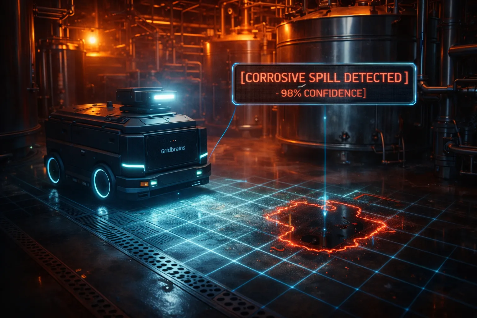 Chemical vat storage facility with automated hazard monitoring sensors