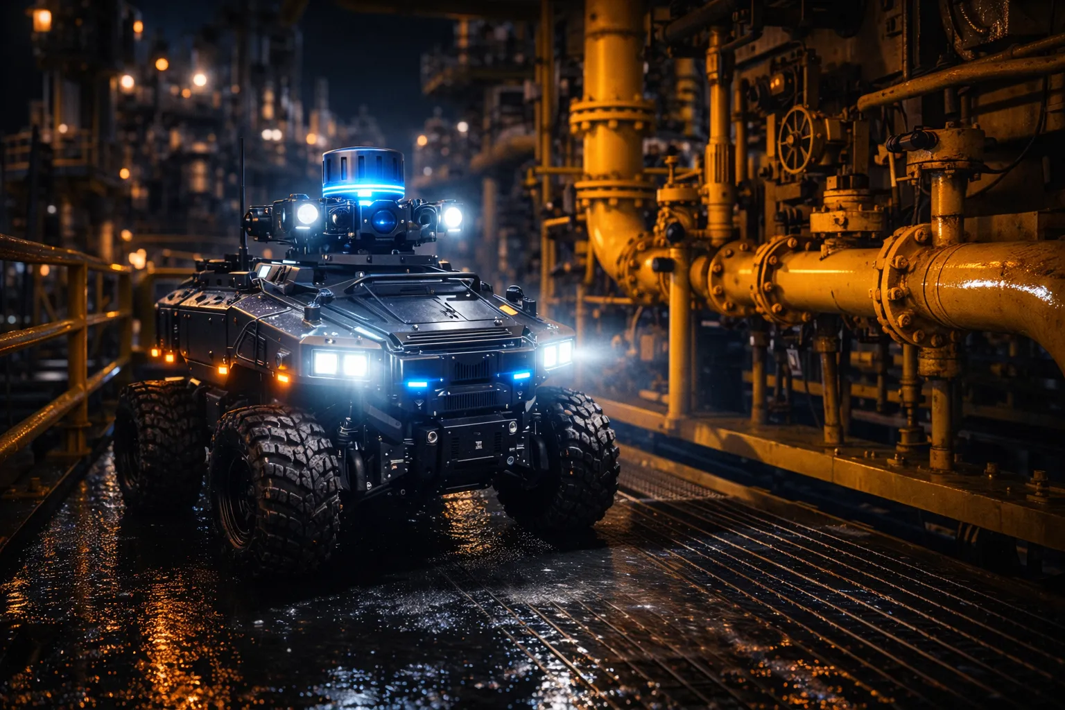 Industrial oil refinery infrastructure with processing units and pipelines