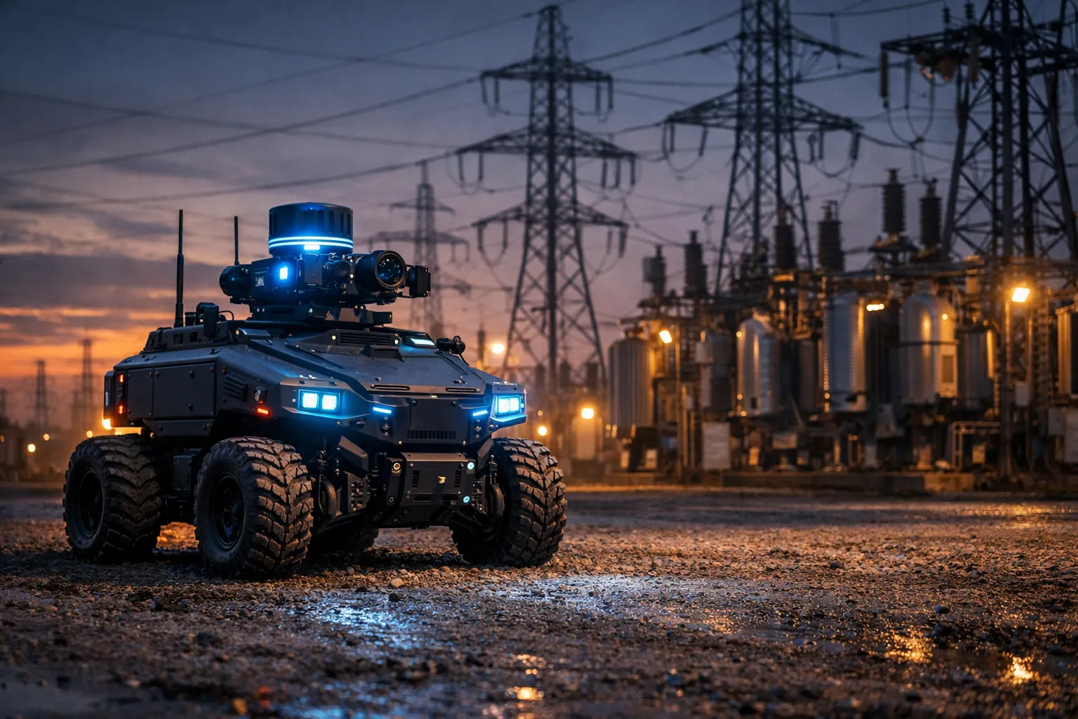 High-voltage electrical substation facility infrastructure being monitored by Gridbrains robots