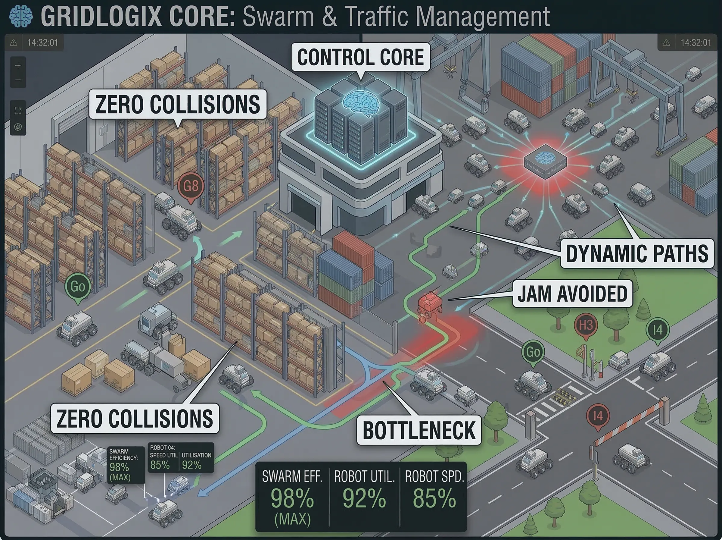 Visualization of AI swarm intelligence managing multi-robot logistics flow in a factory environment