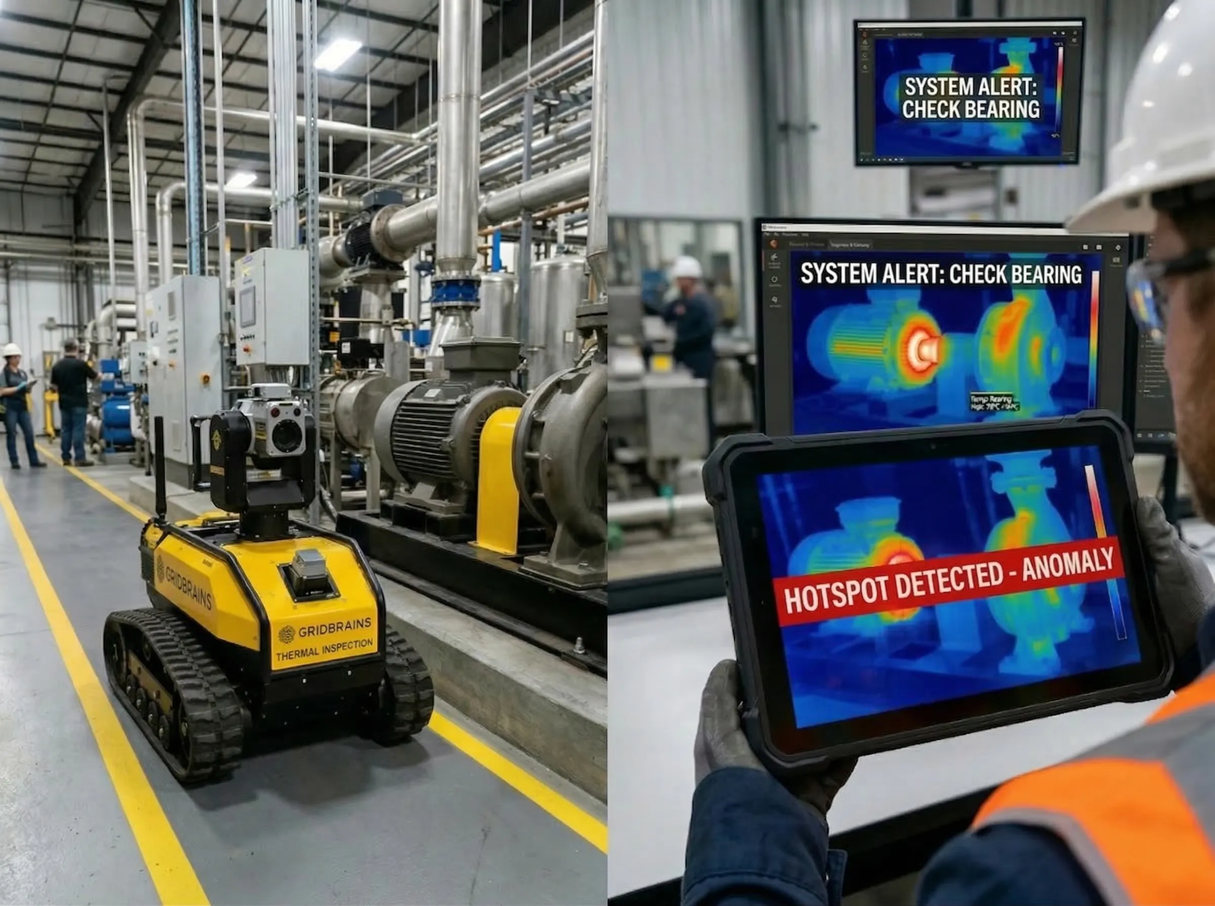 Thermal infrared imaging dashboard showing heat signatures and anomaly detection in industrial machinery