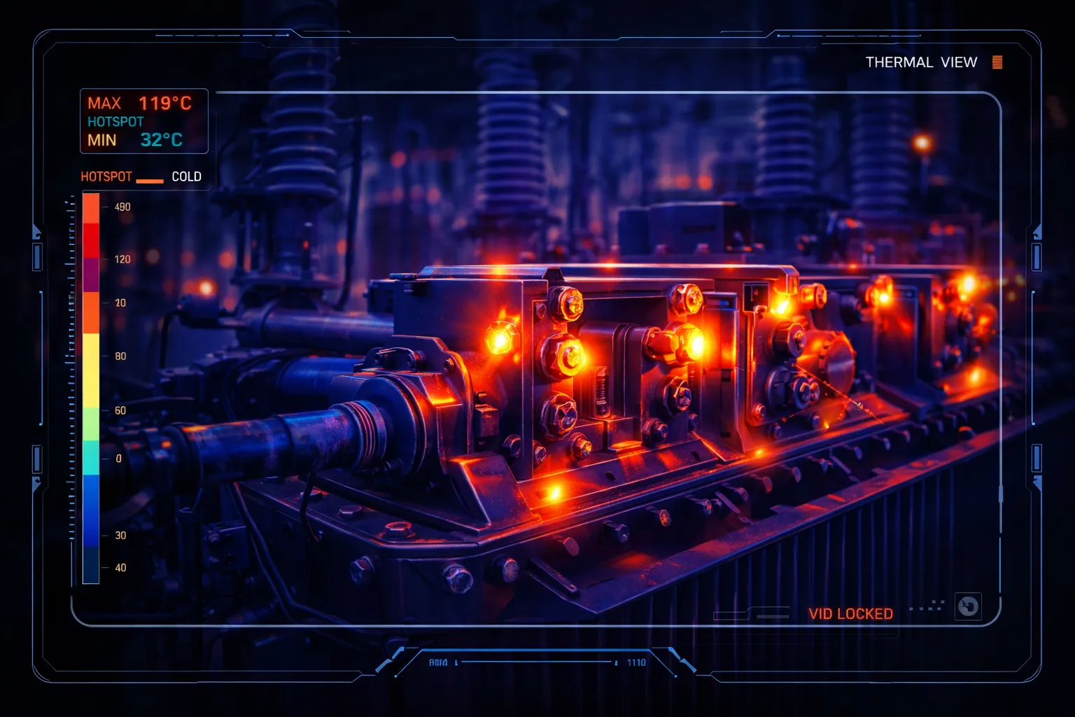 Radiometric thermal imaging detecting overheating issues in electrical transformers and insulators