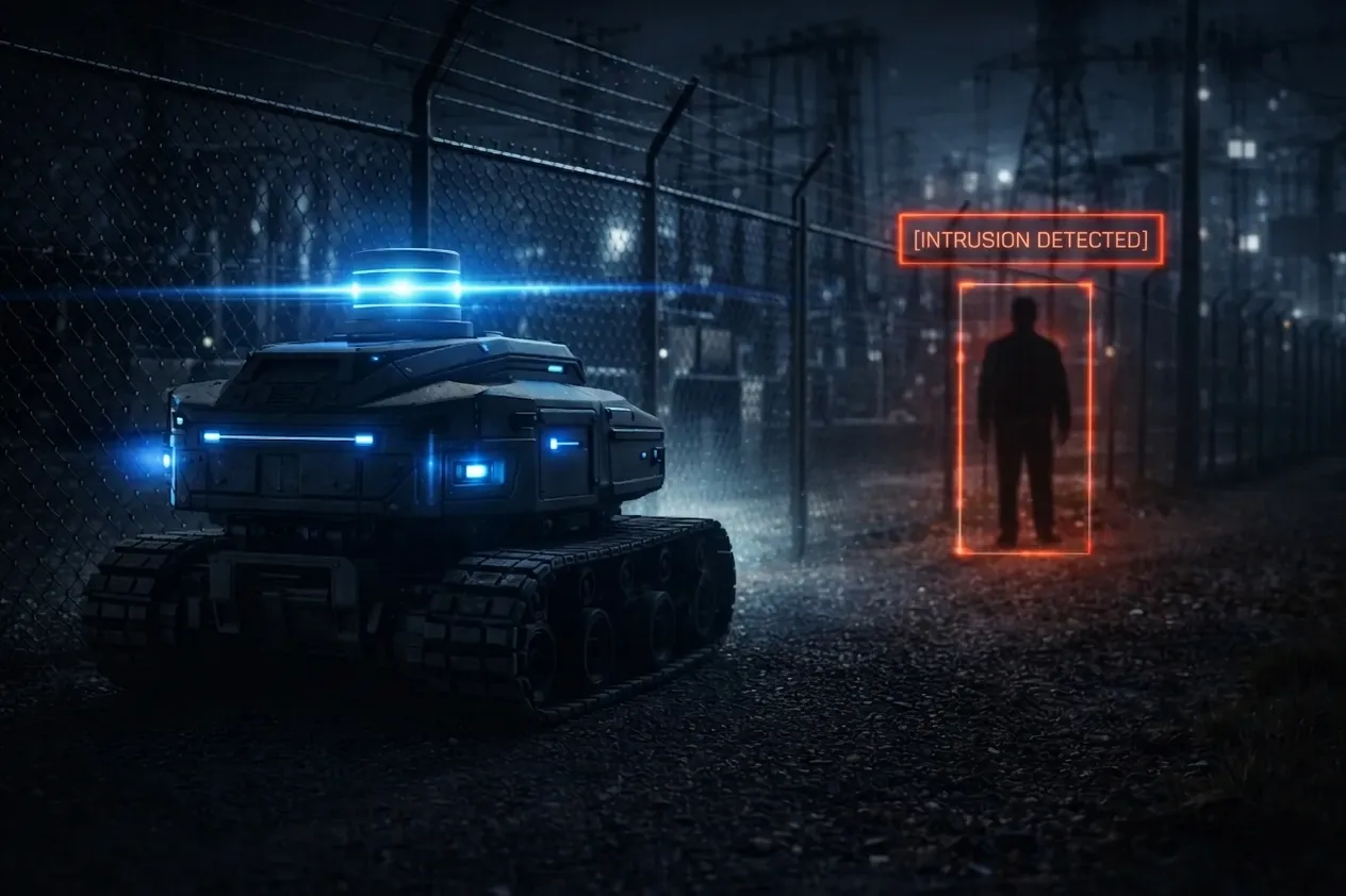 Secure perimeter fencing at a utility site protected by autonomous robotic patrols